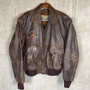 Flightline Walt Disney Studios Mickey Mouse Leather Bomber Jacket Brown Medium